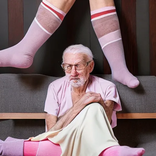 Image similar to old man wearing pastel stockings and skirt, gender non - conforming, elderly feminine man