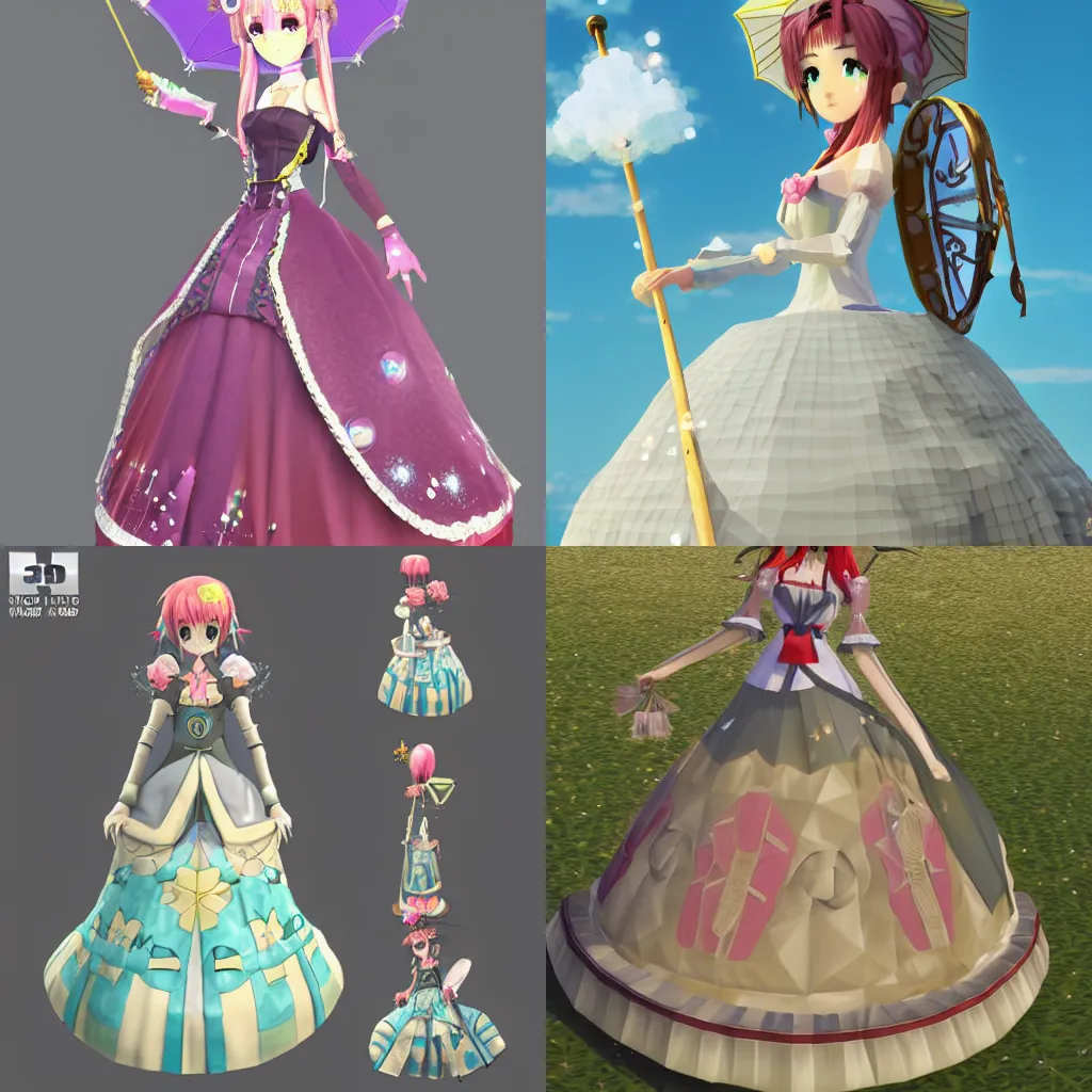Prompt: 3d model anime girl, hand painted in the style of Rune Factory 5, low poly, long curly hair, big sparkly eyes, in a 1800s ball gown with quilted material, standing with a parasol, UHD, Nintendo Switch, art style of Dark Cloud 2, NPC, adventure game, colorful