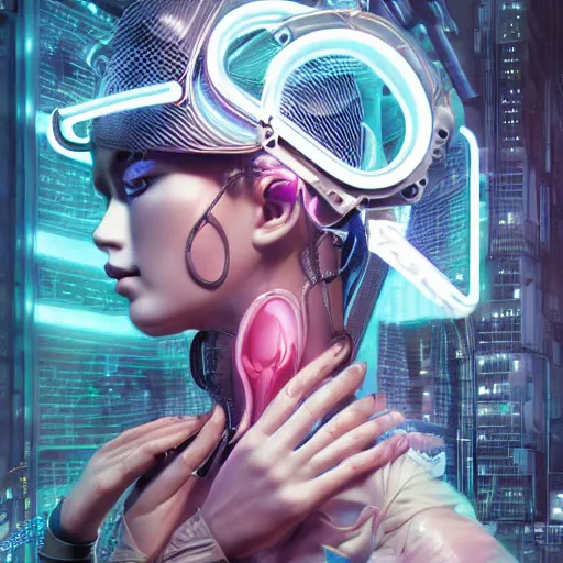 Image similar to the portrait of an absurdly beautiful, graceful, sophisticated, fashionable cyberpunk gynoid gravure idol, an ultrafine hyperdetailed illustration by kim jung gi, irakli nadar, intricate linework, neon colors, porcelain skin, unreal engine 5 highly rendered, global illumination, radiant light, detailed and intricate environment