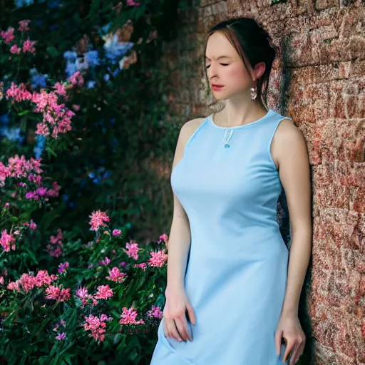 Image similar to portrait of a lady wearing a light blue dress, light, airy, garden, photorealistic, extreme detail, sharp focus, 8 k, intricate, hyper detailed, realistic, cinematic lighting