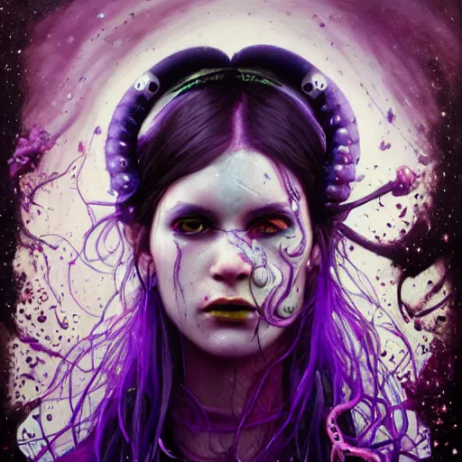 Image similar to art portrait of a furious girl with purple tentacles on her head, 8 k, by tristan eaton, stanley artgermm, tom bagshaw, greg rutkowski, carne griffiths, trending on deviantart, face enhance, hyper detailed, full of colour,