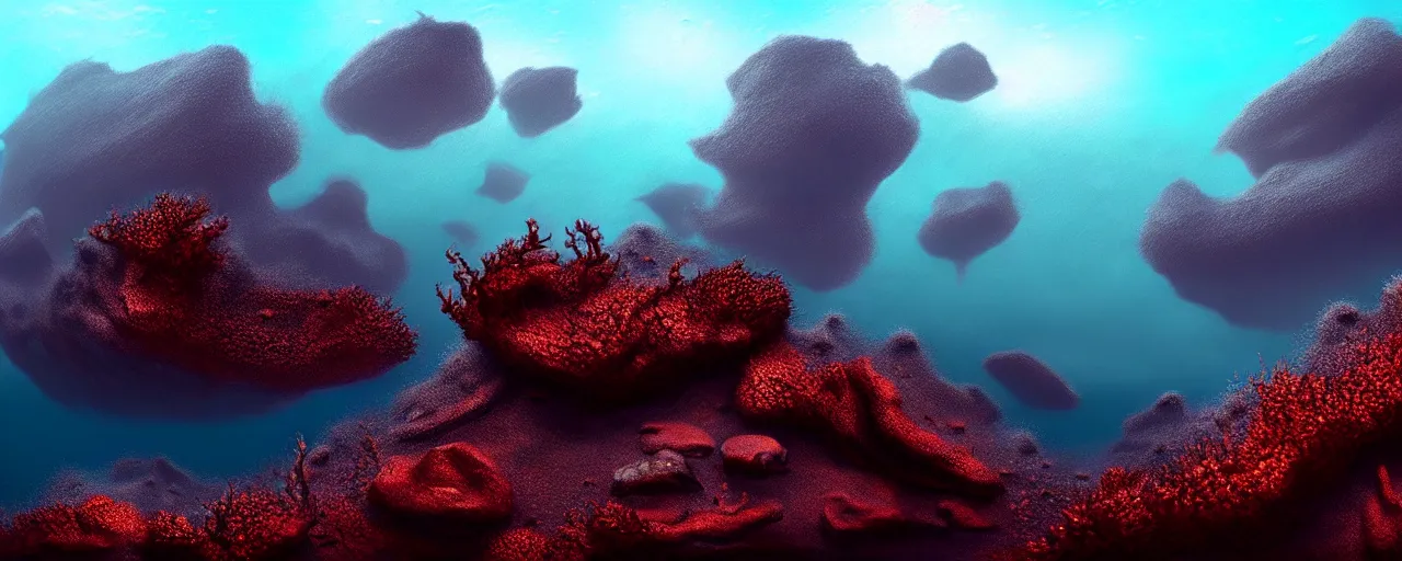 Image similar to A gorgeous detailed oil of a dark red sea covered in big blue steep rocks, a school of piranhas underwater, the further away the mistier it gets, surreal, concept art, dark aesthetic, atmospheric, moody, hyperrealism, highly detailed, masterpiece, award winning, 4k, unreal engine