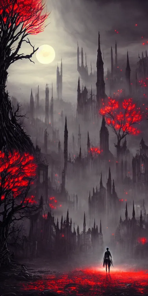 Image similar to abandoned bloodborne old valley with a person at the centre and a ruined gothic city at the end, trees and stars in the background, falling red petals, epic red - orange moonlight, perfect lightning, wallpaper illustration by niko delort and kentaro miura, 4 k, ultra realistic