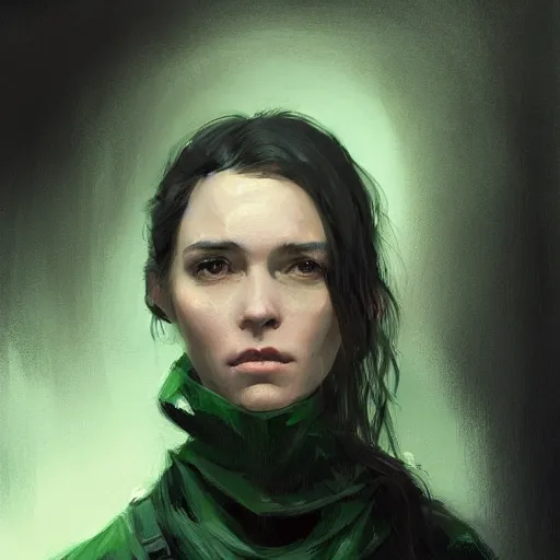 Image similar to Portrait of a woman by Greg Rutkowski, she is about 30 years old, pretty, messy black bob hair, pale round face, tired green eyes and she is wearing a black utilitarian jumper jumpsuit, highly detailed portrait, digital painting, artstation, concept art, smooth, sharp foccus ilustration, Artstation HQ.