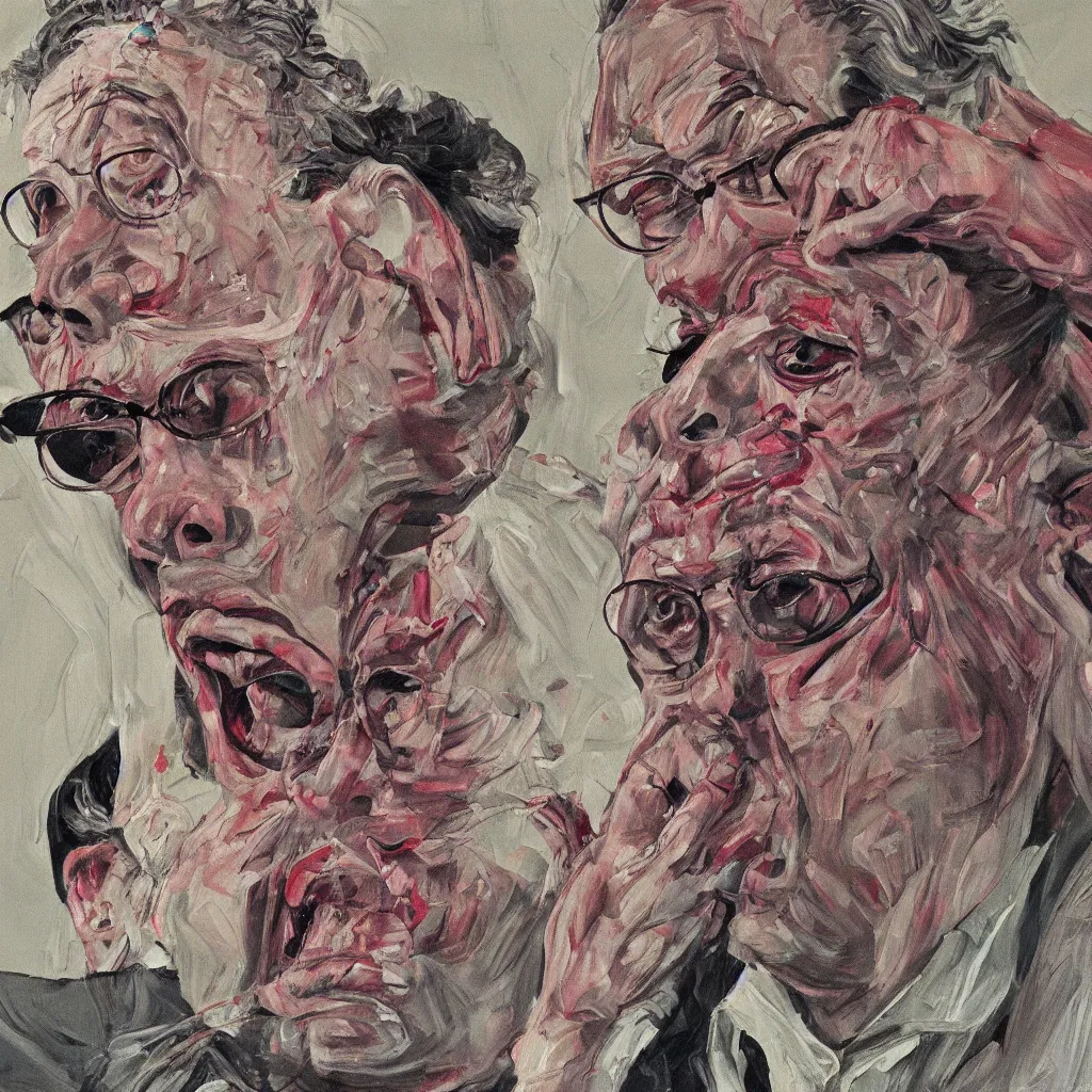 Prompt: high quality high detail painting of todd solondz portrait, tripping on lsd, showing strong fear, by lucian freud and francis bacon, hd, photorealistic lighting