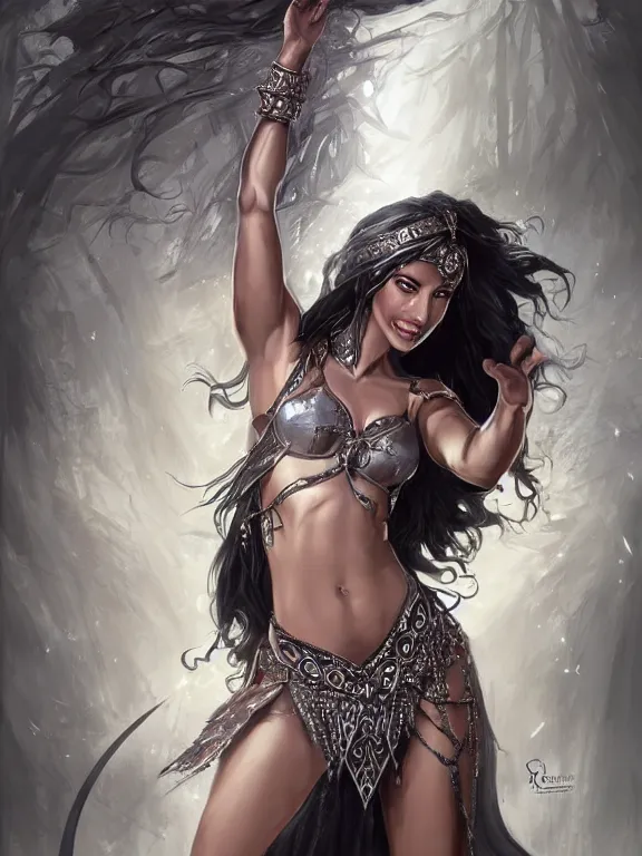 Prompt: picture of gorgeous combat belly dancer, dark skin, symmetrical face, elegant, silver decoration, dnd, high fantasy, matte digital illustration, by rossdraws, ralph horsley, pixiv