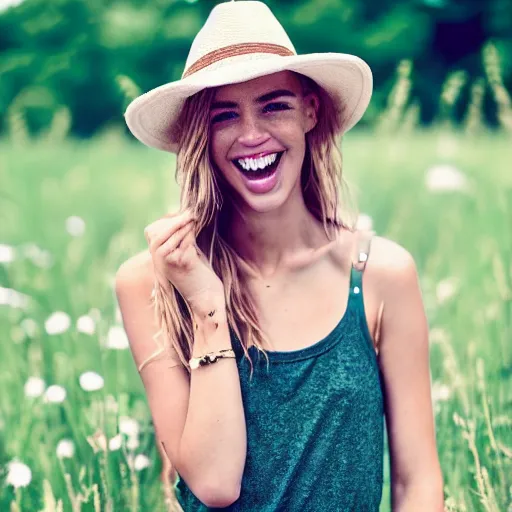 Image similar to a trending photo of over a million views from a female fashion model's instagram account, summer, freckles, smile, green eyes, natural, easygoing, healthy, nikon, leica, zeiss, 5 0 mm lens, flash fill, f 1. 8 depth of field