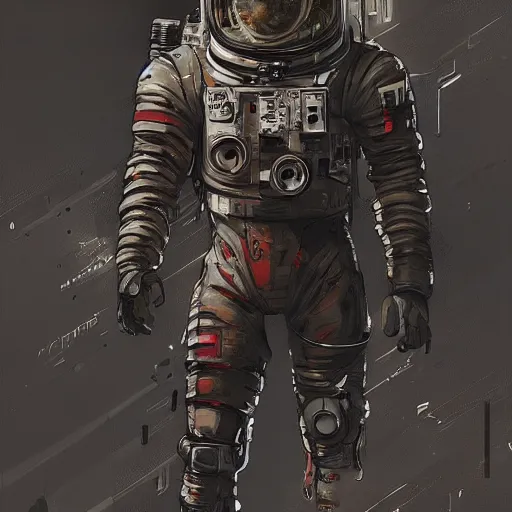 Image similar to astronaut, cyberpunk, realistic, detailed, Industrial Scifi, paint, in the style of Ashley Wood and Wadim Kashin
