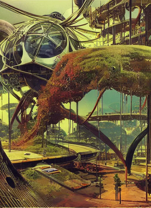 Prompt: photorealistic image of a retro futurism, solarpunk, biopunk, cyberpunk, steampunk, naturecore, glaucious, by roger dean, by dean ellis