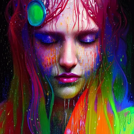 Prompt: portrait of girl in colored psychedelic rain with wet hair and face, fantasy, intricate, elegant, dramatic lighting, elated emotion, highly detailed, lifelike, photorealistic, digital painting, artstation, concept art, smooth, sharp focus, illustration, art by John Collier and Albert Aublet and Krenz Cushart and Artem Demura and Alphonse Mucha