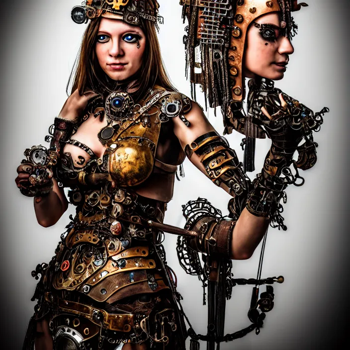 Image similar to full length portrait photograph of a real-life beautiful woman clockpunk warrior. Extremely detailed. 8k