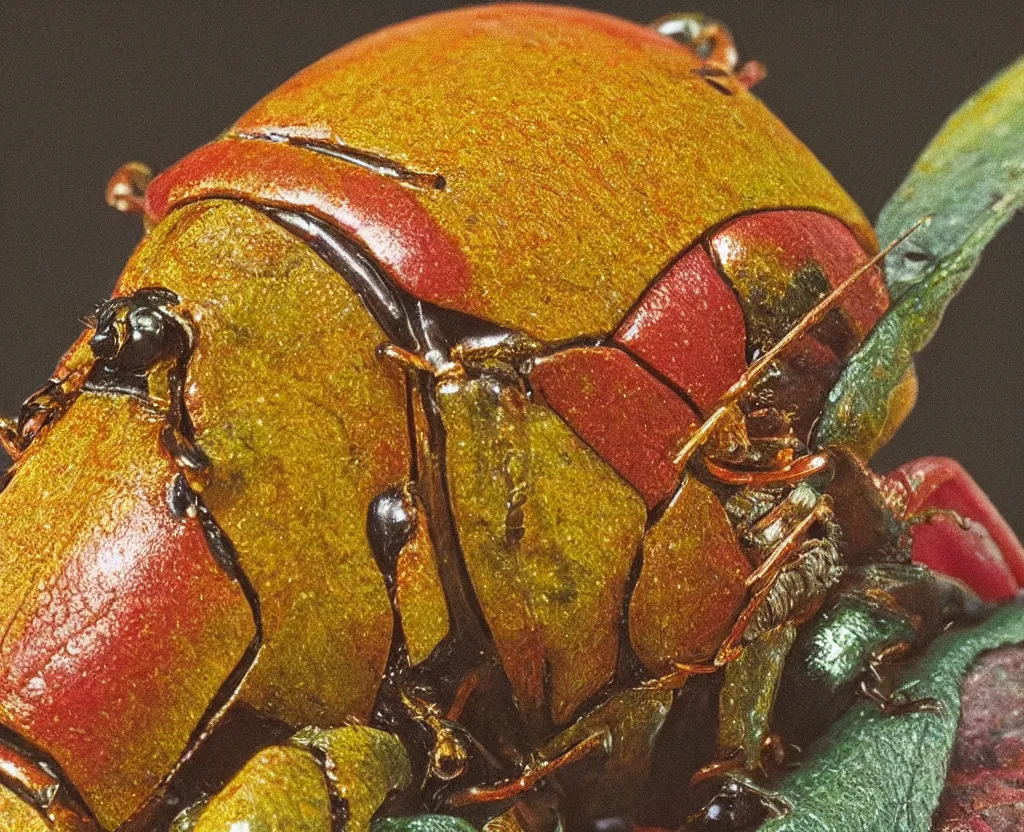 Image similar to a closeup of a beautiful colorful beetle coleoptera. award - winning highly detailed national geographic photograph ( ( by gustave boulanger, joaquin sorolla ) )