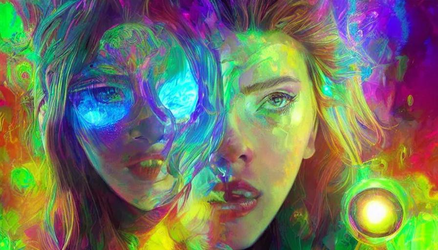 Image similar to scarlett johansson in psychodelic dmt lsd forest looking at a shiny sphere, photorealistic, artgerm, artwork by Rossier, Jessica