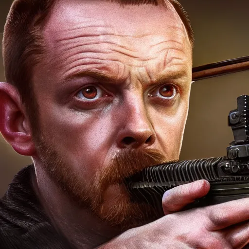 Image similar to simon pegg portrait, horror core, apocalyptic, winchester rifle in his hands, sharp focus, fiction, hyper detailed, digital art, trending in artstation, cinematic lighting, studio quality, smooth render, unreal engine 5 rendered, octane rendered, art style and nixeu and wlop and krenz cushart