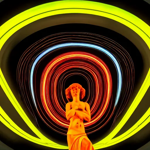 Image similar to a neon circle surrounding the head of a renaissance statue, 3 d render, black background, ray tracing, 8 k resolution, sharp focus, hyper detailed, hyper realistic