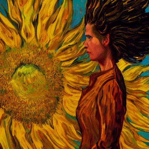 Image similar to closeup, giant sunflower head, woman standing in a room, surreal, dramatic light, impressionist painting, digital painting, artstation, van gogh