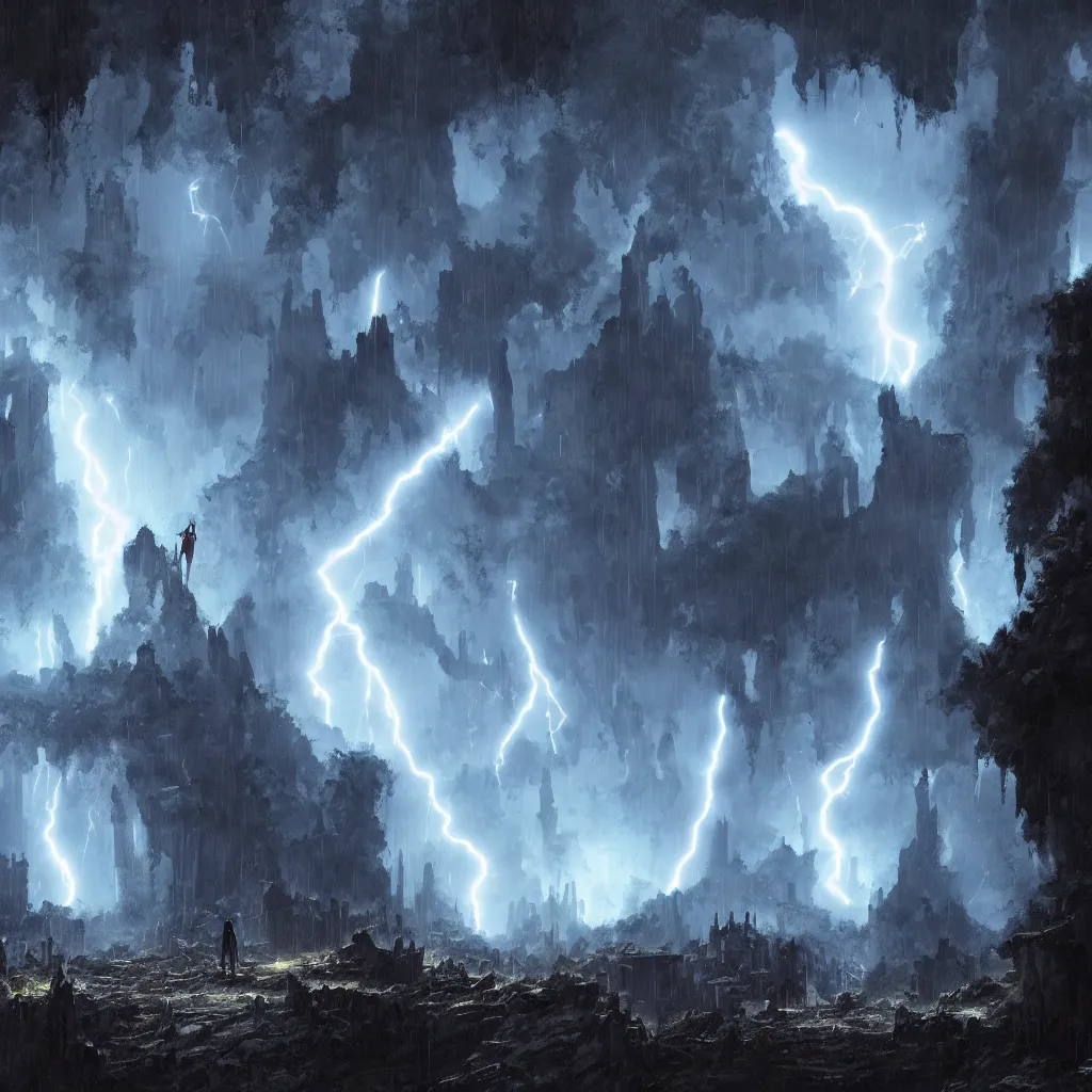 Image similar to a still of a cloaked figure standing in the ruins of crux prime, monastery, there is lightning, blue fiery maelstrom in the distance, it is raining, digital art, artstationhq