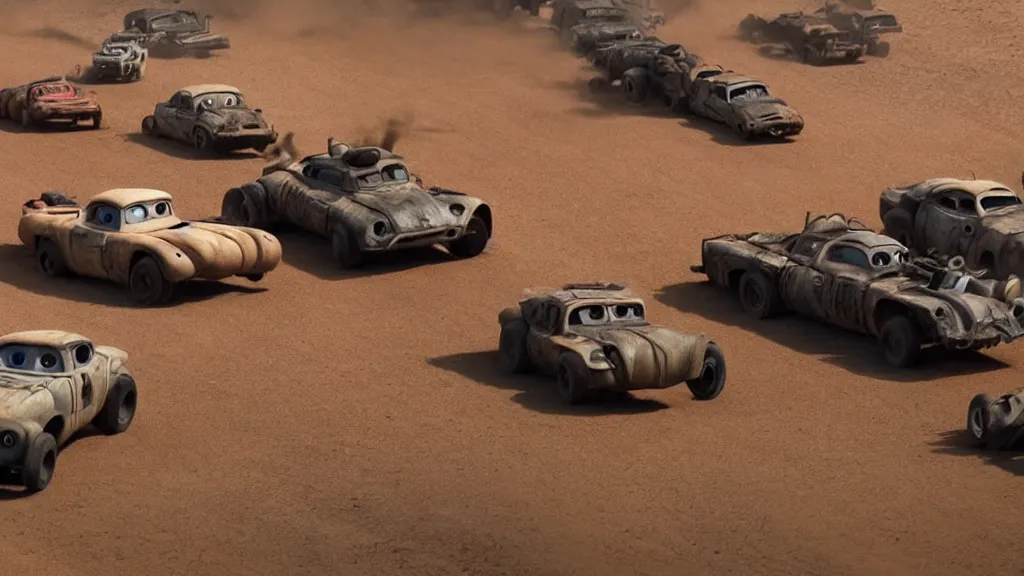 Image similar to pixar cars in mad max fury road, war boys, furiosa, imax