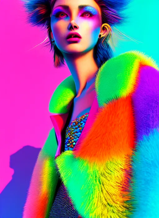 Prompt: stylish coat for a rave, bright colors, many details, prints, photo for a magazine, photo for a store, fashion photography, Vogue, 135 mm, cinematic, hyper realism, high detail, octane render, 8k, chrome accents, very coherent symmetrical artwork, perfect face model, full length photo, Upper and lower body, even skin tone