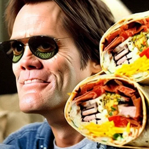 Image similar to jim carrey's head inside of a burrito, inside burrito, inside burrito