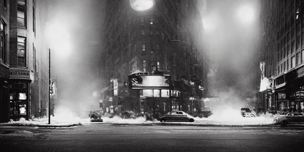 Prompt: a high resolution photo of a new york street at night surrounded with smoke and cars with bright headlights covered in snow and silhouettes of people walking on the street, by joel meyerowitz, realistic photo, leica, magnum award winning photograph, parallax photography,