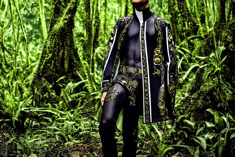 Image similar to versace avant garde male tunics intricate modern choatic textiles streetwear cyberpunk posing in the jungle woods cloudy overcast dark dramatic mysterious