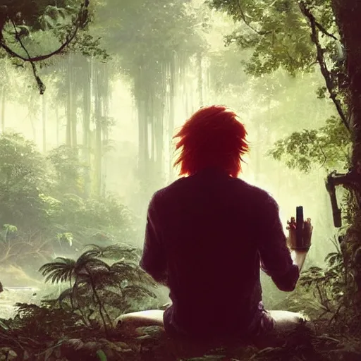 Prompt: a red-haired long-haired teenage boy sitting at a computer, jungle around him, painting by Greg Rutkowski, smooth sharp focus, point of view from behind him