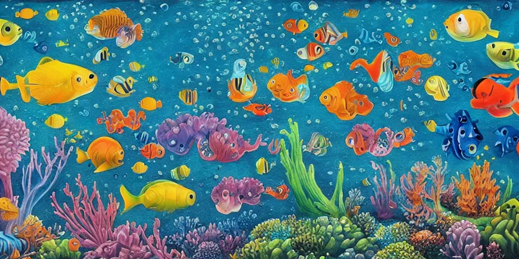 Image similar to a beautiful painting of an elaborate underwater scene painted by bosch and lisa frank, detailed