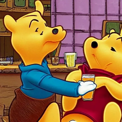 Image similar to winnie the pooh and a blonde woman enjoying a pint in a rural pub. gordon freeman is in the background looking disappointed.