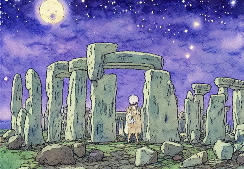 Image similar to a simple watercolor studio ghibli movie still fantasy concept art of stonehenge. a giant squid from princess mononoke ( 1 9 9 7 ) holding large stones. it is a misty starry night. by rebecca guay, michael kaluta, charles vess