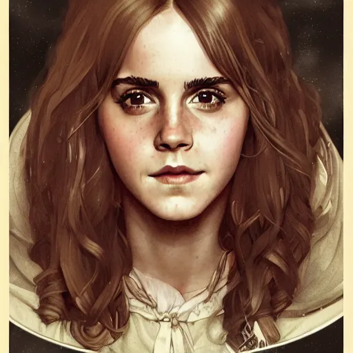 Image similar to portrait of emma watson as hermione granger in a burnoose, detailed, illustration by norman rockwell, artstation character art, john william waterhouse, concept art, greg rutowski