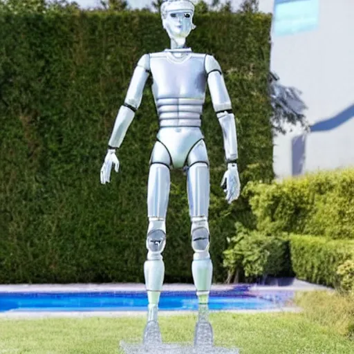 Image similar to a realistic detailed photo of a guy who is an attractive humanoid who is half robot and half humanoid, who is a male android, soccer player timo werner, shiny skin, posing like a statue, blank stare, by the pool, on display, showing off his muscles, humanoid robot, frozen ice statue, made of ice