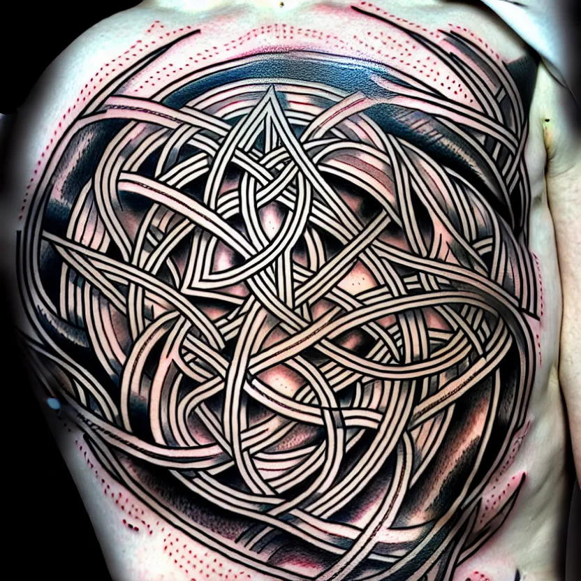 Image similar to shaded tattoo design, minimalist, knotwork with center viking warrior, extremely detailed, bold line art, by vincent di fate and joe fenton and artgerm, holding shield and sword, centered, inking, etching, screen print, inkblots of color, masterpiece, trending on artstation, sharp, high contrast, hyper realistic, hd, 4 k, 8 k