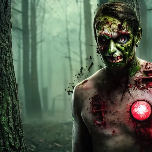 Prompt: a zombie superhero in a scary forest, 8 k, shallow depth of field, 8 k, ultra high detail, concept art,