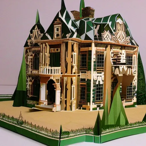 Image similar to a beautiful detailed mansion in the style of papercraft, origami,