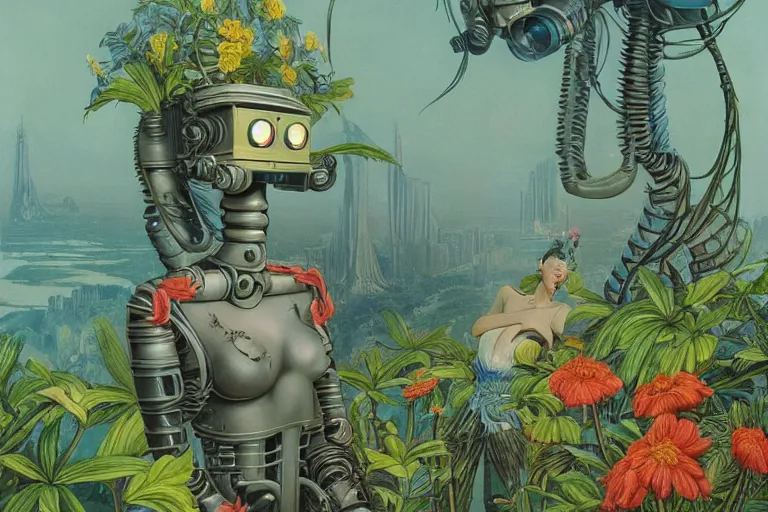 Prompt: evangelionic illustration, gigantic girl head, a lot of exotic vegetation, trees, tremendous pleasure robot, flowers, oldschool vintage sci - fi flat surreal design, super - detailed, oil painting by moebius, hd, 4 k, high quality