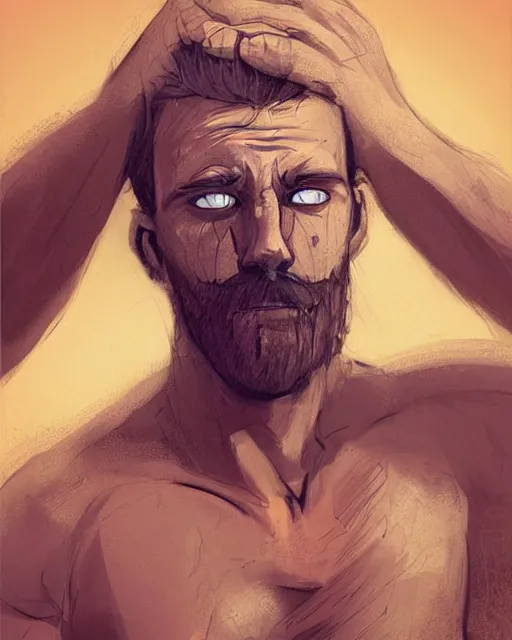 Image similar to portrait of muscular, tired and alcoholic 3 0 - year - old grieving man with short darkblonde hair, serious sad look in his eyes, looking down, dirty beard, blue eyes, crying tears, wearing dirty soldier uniform, on the desert, sad atmosphere, hyper realistic face, character art, art by artgerm, cryengine, trending on artstation, digital art