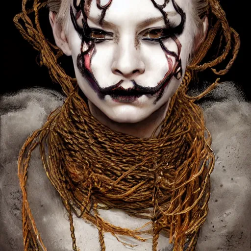 Image similar to portrait of a Shibari rope wrapped face and neck, headshot, insanely nice professional hair style, dramatic hair color, face paint half and half, digital painting, of a old 15th century, old cyborg merchant, amber jewels, baroque, ornate clothing, scifi, realistic, hyperdetailed, chiaroscuro, concept art, art by Franz Hals and Jon Foster and Ayami Kojima and Amano and Karol Bak,