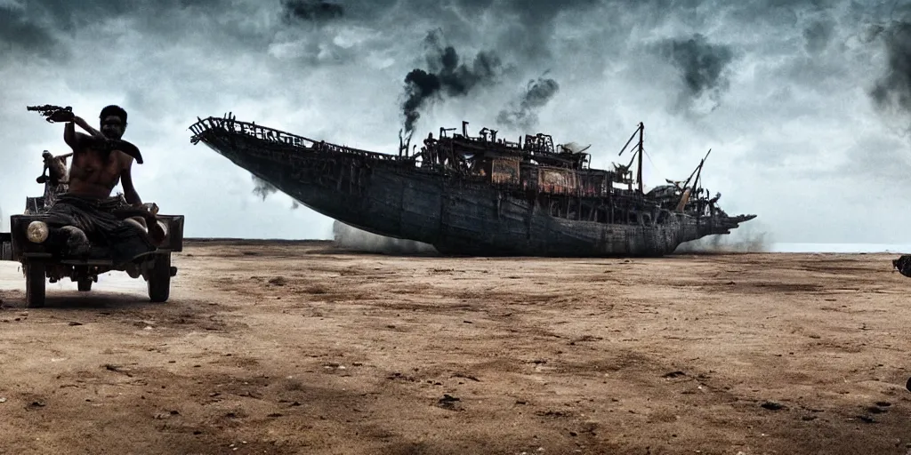 Image similar to sri lankan mad max style, ocean ship, film still, epic shot cinematography, rule of thirds