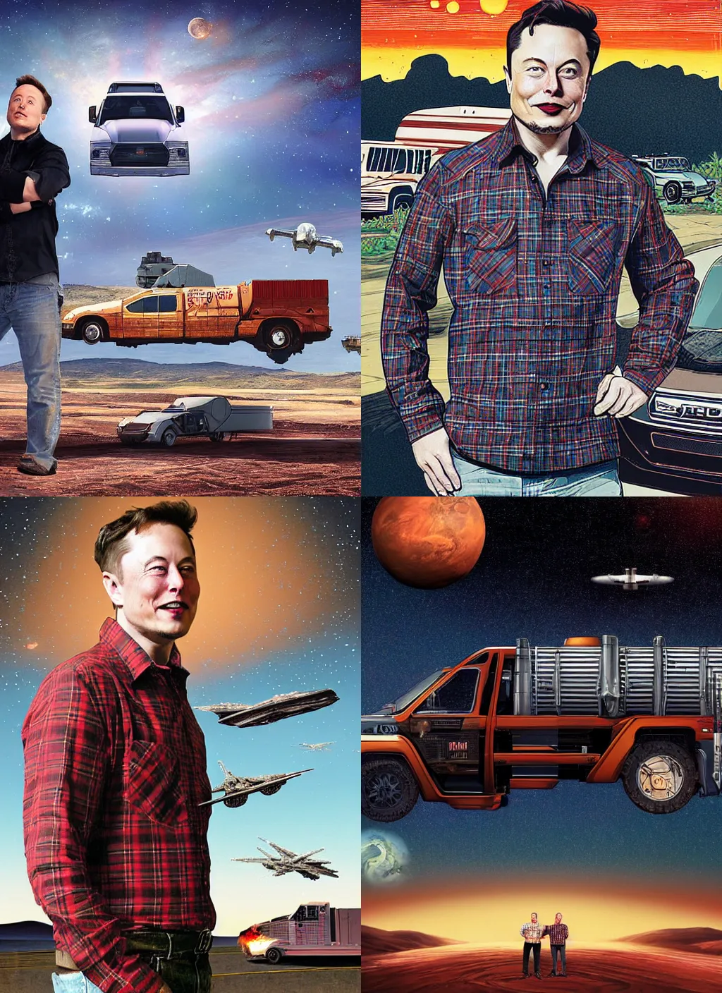 Prompt: elon musk, wearing a plaid shirt, standing near cybertruck, smiling, looking at the sky, terraformed mars and starships in the background, long shot, digital art, highly detailed, a vintage american poster by j. howard miller,