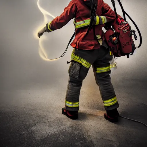 Prompt: full body pose, hyperrealistic photograph of female fireman, dim volumetric lighting, 8 k, octane beautifully detailed render, extremely hyper detailed, intricate, epic composition, cinematic lighting, masterpiece, trending on artstation, very very detailed, stunning, hdr, smooth, sharp focus, high resolution, award, winning photo, dslr, 5 0 mm