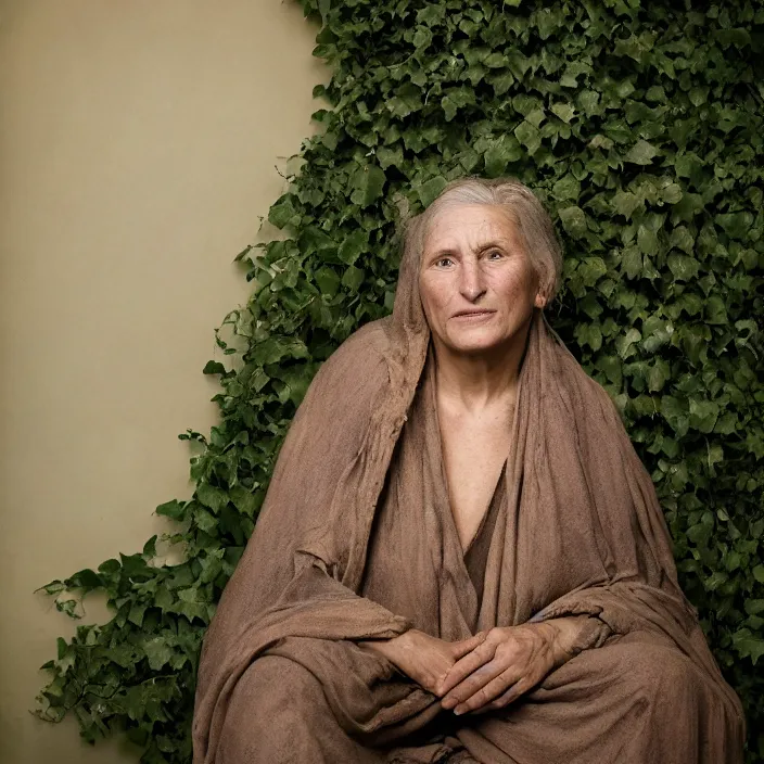 Prompt: closeup portrait of a woman with a cloak made of ivy, sitting in a chair in an abandoned house, by Annie Leibovitz and Steve McCurry, natural light, detailed face, CANON Eos C300, ƒ1.8, 35mm, 8K, medium-format print