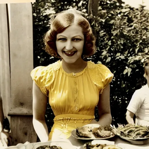 Image similar to an image of a queen with tan skin long rippling cinnamon hair and emerald colored eyes in a medium full shot, vintage historical fantasy 1 9 3 0 s kodachrome slide german and eastern european mix. the queen is pictured attending a barbecue for youth volunteers. she is dressed in a yellow dress paired with floral accessories.