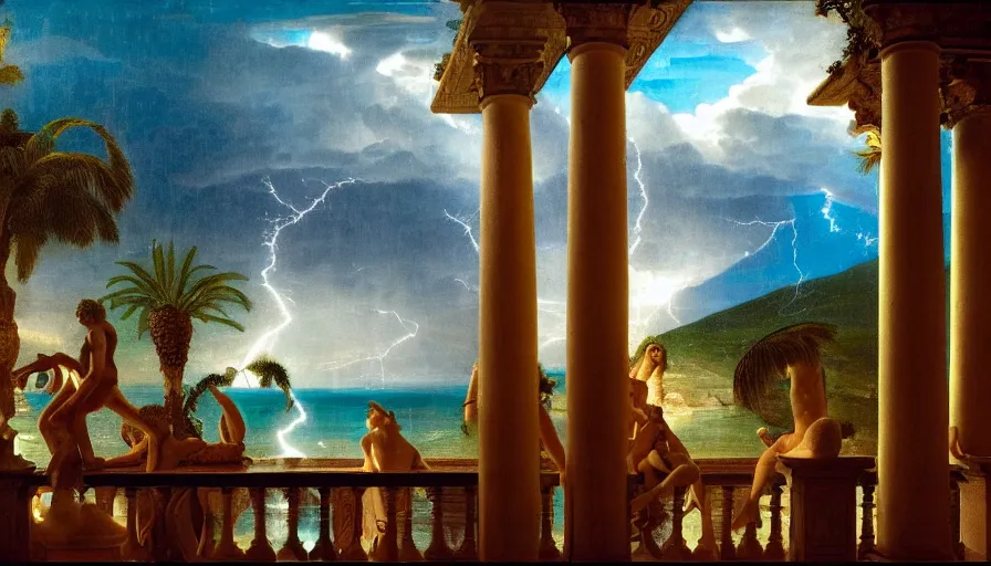 Prompt: From inside the balcony of the giant Palace, mediterranean balustrade and columns, refracted lines and sparkles, thunderstorm, greek pool, beach and Tropical vegetation on the background major arcana sky and occult symbols, by paul delaroche, hyperrealistic 4k uhd, award-winning, very detailed paradise