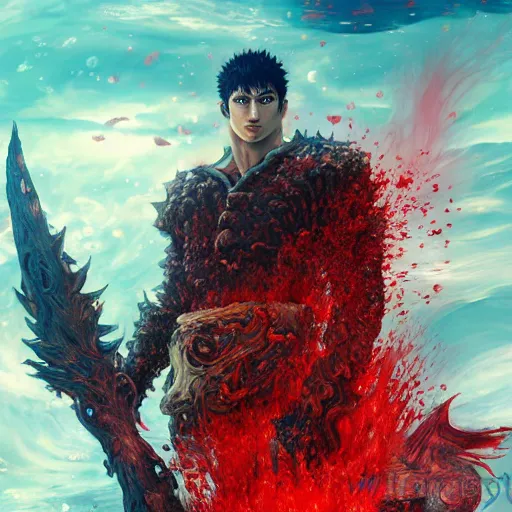 Image similar to guts from berserk submerged in red water, extremely detailed, made by wlop, maxwell boas, Sakimi chan,Naranbaatar Ganbold and Anato Finnstark