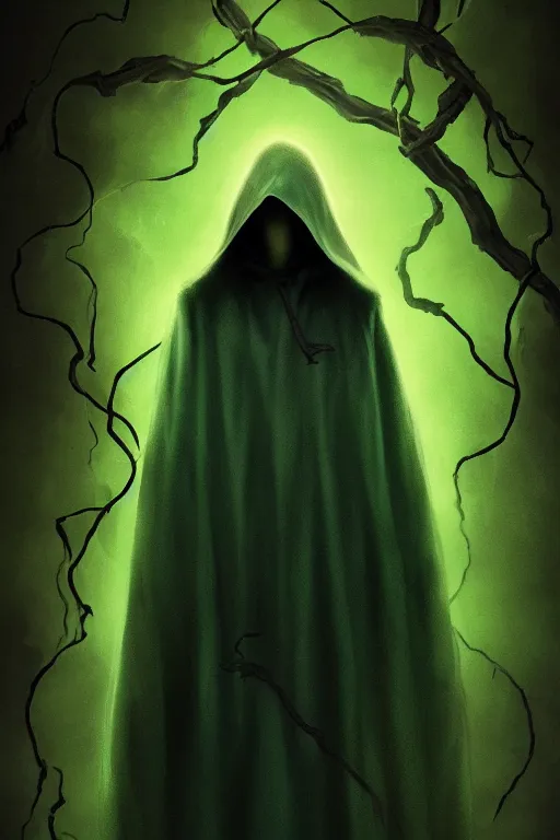 Image similar to A full body portrait of a mysterious character with no face, glowing eyes and a very long hooded dark green cloak, vines coming out the ground art by Shaddy Safadi and Jason Chan, ominous, cosmic horror, trending on artstation, Ultra detailed, hyper realistic 4k