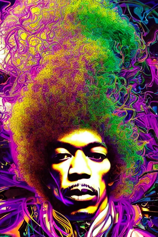 Image similar to A Weirdcore Mesmerizing 8k hyperrealistic portrait of cyberpunk Jimi Hendrix, floating in spirals of iridescent mycelum, surrounded by purple haze, neon lines, by Ayami Kojima, Daytoner, Greg Tocchini, James Jean,Yoshitaka Amano