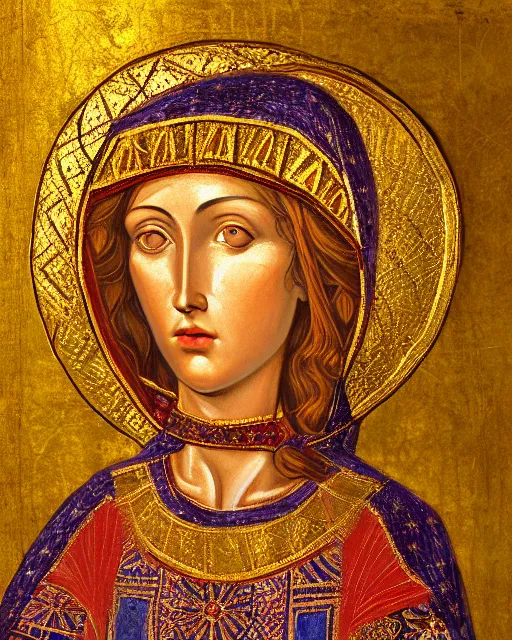 Image similar to byzantine fresco portrait of woman in shining golden armor, high production value, intricate details, high resolution, hdr, high definition, masterpiece, realistic, ultrarealistic, highly detailed, hd, sharp focus, non blurry, sharp, smooth