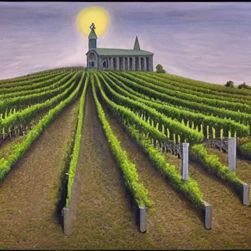 Prompt: Hyperrealism traditional austian church in a vineyard, painting by MC Escher