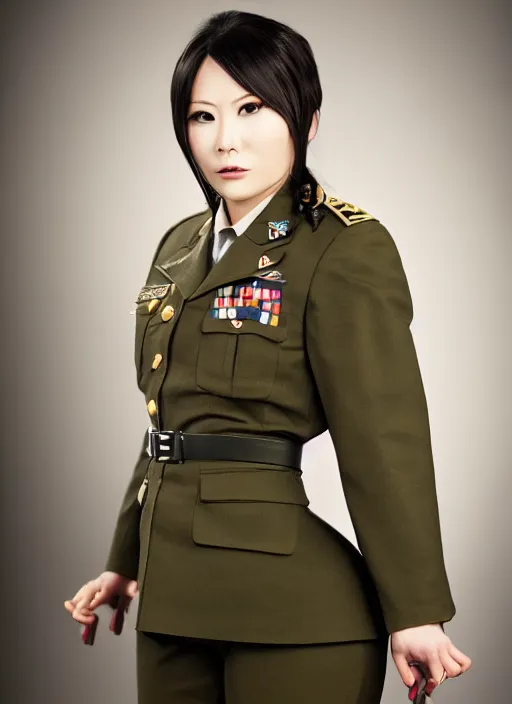 Image similar to portrait of hitomi tanaka wearing a military uniform, backround : army base with soldiers training nearby, by charlotte grimm, studio light, detailed face, canon eos c 3 0 0, ƒ 1. 8, 3 5 mm, 8 k, medium - format print, half body shot